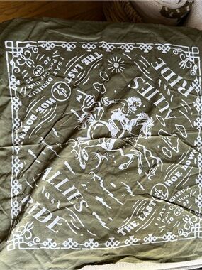 White Graphic Bandana-Style Print on Olive Green Fabric